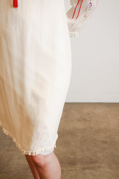1940s Cream Silk Chiffon Floral Embroidered Midi Dress