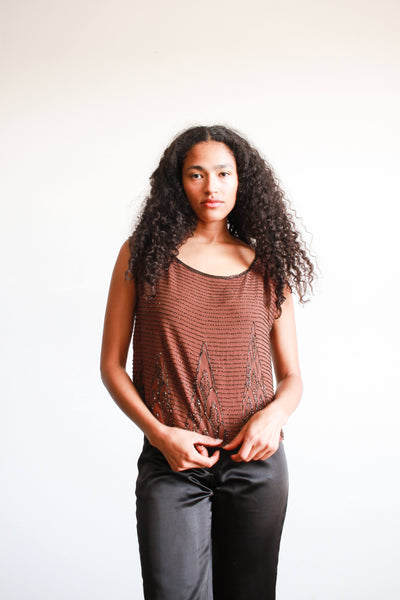 1920s Chocolate Brown Silk Beaded Top