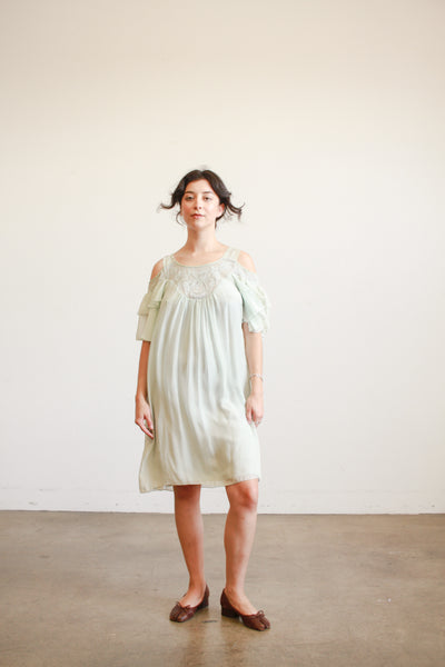 1980s Mint Silk Off Shoulder Midi Dress