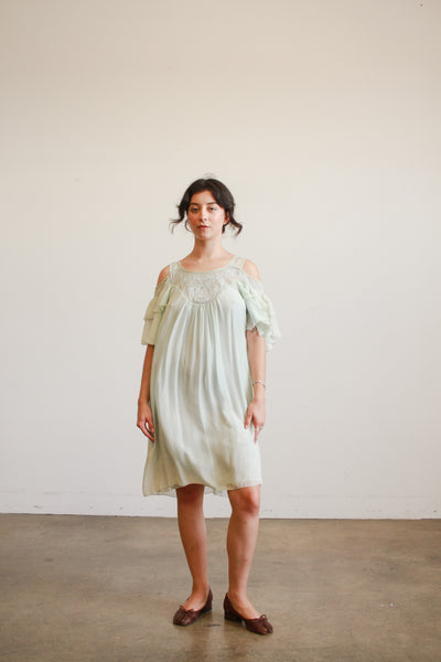 1980s Mint Silk Off Shoulder Midi Dress