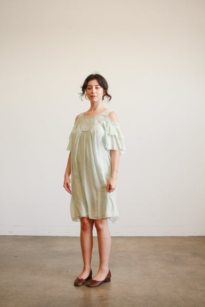 1980s Mint Silk Off Shoulder Midi Dress