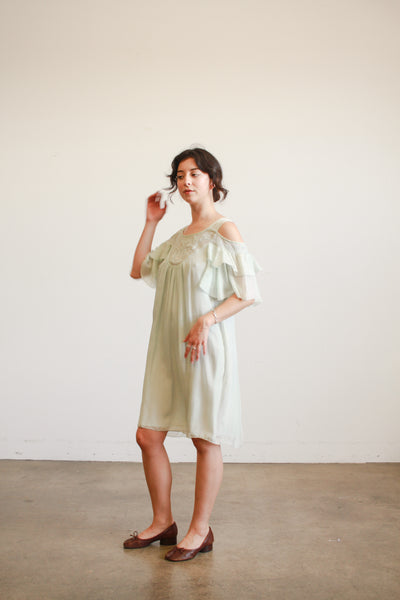 1980s Mint Silk Off Shoulder Midi Dress