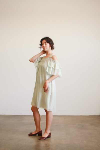 1980s Mint Silk Off Shoulder Midi Dress