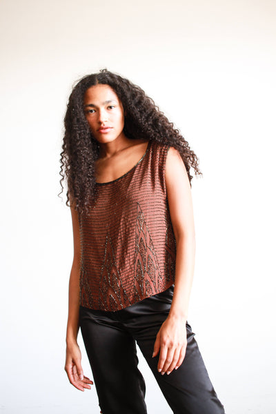 1920s Chocolate Brown Silk Beaded Top