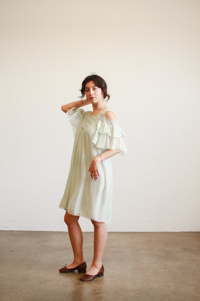 1980s Mint Silk Off Shoulder Midi Dress