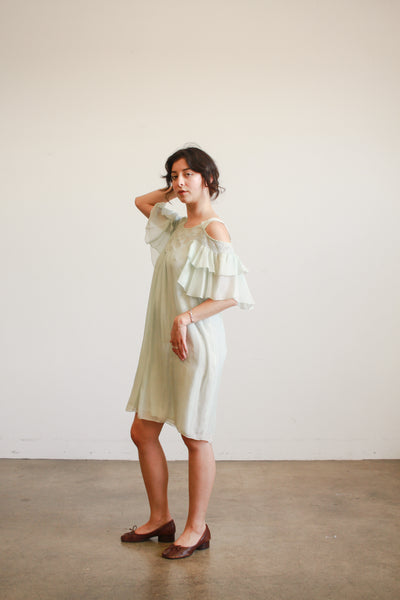 1980s Mint Silk Off Shoulder Midi Dress