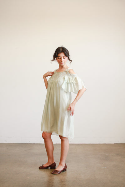 1980s Mint Silk Off Shoulder Midi Dress