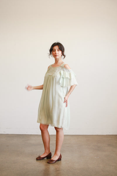 1980s Mint Silk Off Shoulder Midi Dress