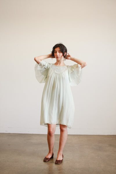 1980s Mint Silk Off Shoulder Midi Dress