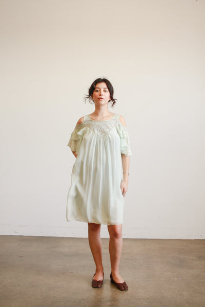1980s Mint Silk Off Shoulder Midi Dress