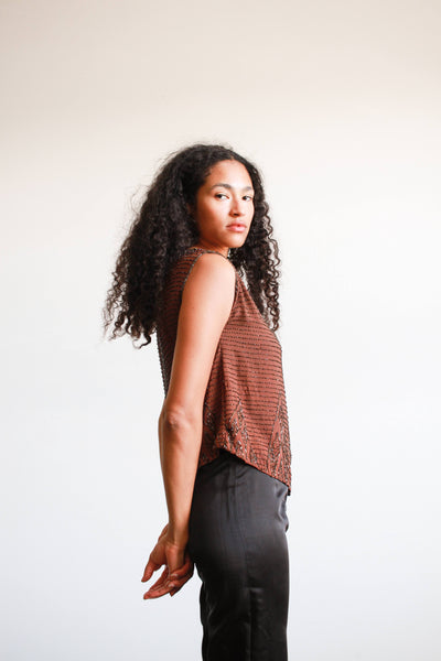 1920s Chocolate Brown Silk Beaded Top