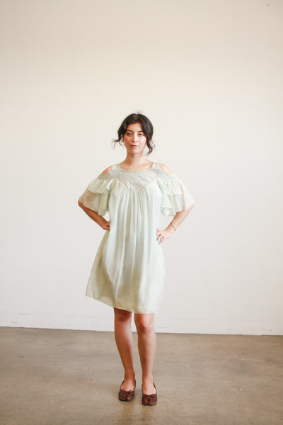 1980s Mint Silk Off Shoulder Midi Dress