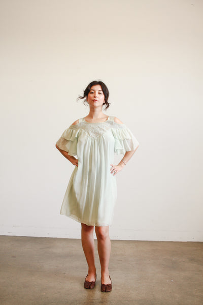 1980s Mint Silk Off Shoulder Midi Dress