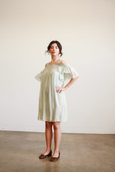 1980s Mint Silk Off Shoulder Midi Dress