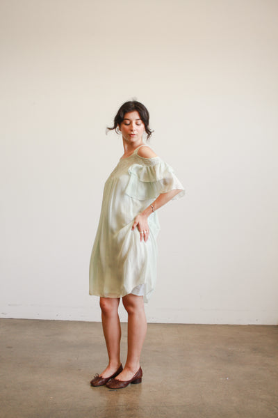 1980s Mint Silk Off Shoulder Midi Dress