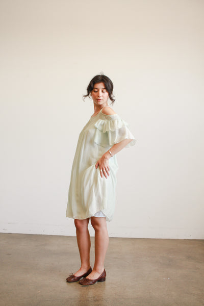 1980s Mint Silk Off Shoulder Midi Dress