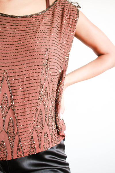 1920s Chocolate Brown Silk Beaded Top