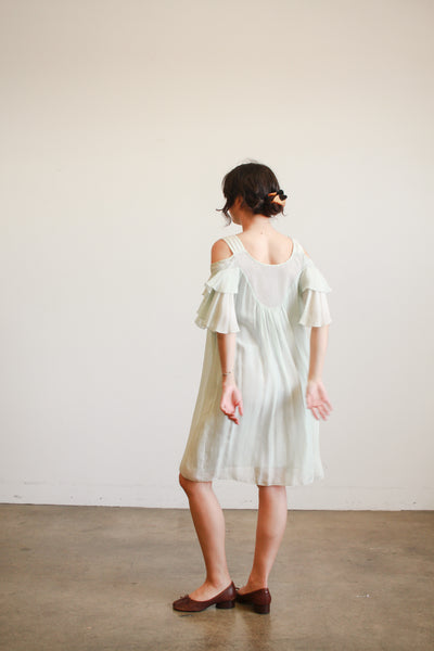 1980s Mint Silk Off Shoulder Midi Dress