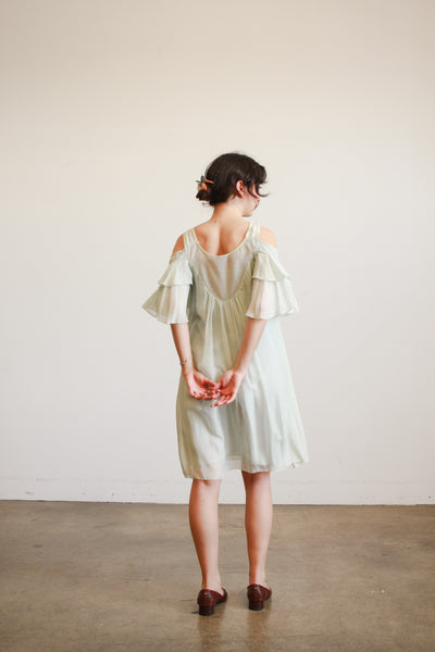 1980s Mint Silk Off Shoulder Midi Dress