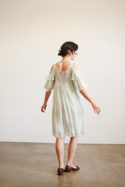 1980s Mint Silk Off Shoulder Midi Dress