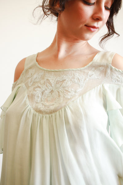 1980s Mint Silk Off Shoulder Midi Dress
