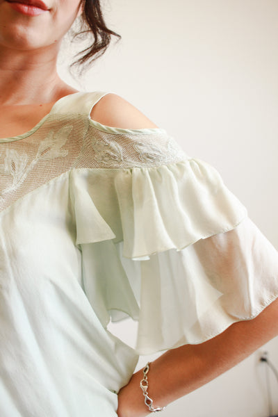 1980s Mint Silk Off Shoulder Midi Dress