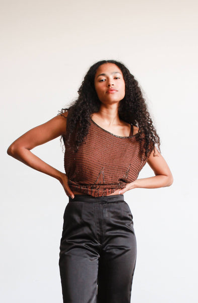 1920s Chocolate Brown Silk Beaded Top