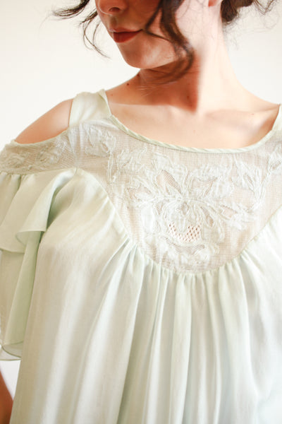 1980s Mint Silk Off Shoulder Midi Dress