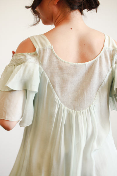1980s Mint Silk Off Shoulder Midi Dress