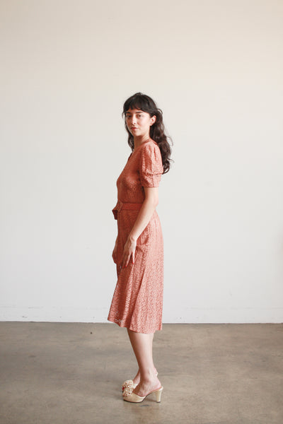 1930s Dusty Rose Lace Cap Sleeve Dress