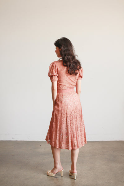 1930s Dusty Rose Lace Cap Sleeve Dress