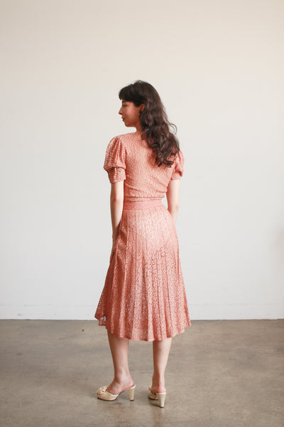 1930s Dusty Rose Lace Cap Sleeve Dress