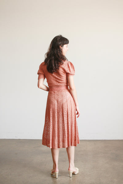 1930s Dusty Rose Lace Cap Sleeve Dress