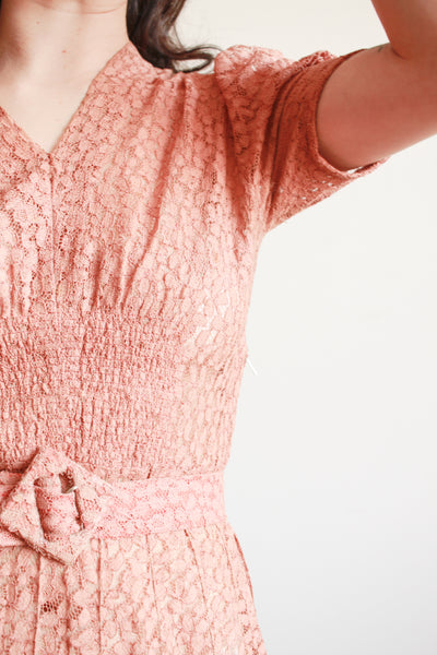 1930s Dusty Rose Lace Cap Sleeve Dress