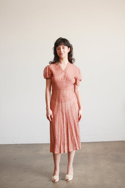 1930s Dusty Rose Lace Cap Sleeve Dress