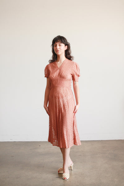 1930s Dusty Rose Lace Cap Sleeve Dress