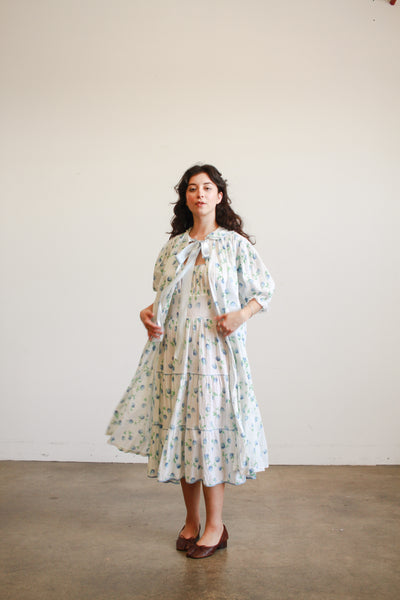 1950s White Seersucker Floral Print Dress Set