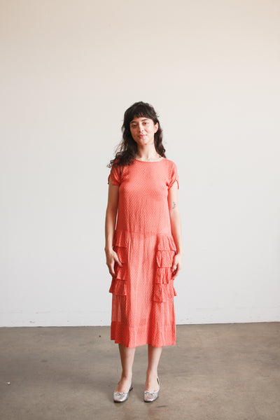 1920s Swiss Dot Persimmon Ruffled Dress