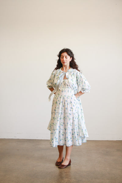 1950s White Seersucker Floral Print Dress Set
