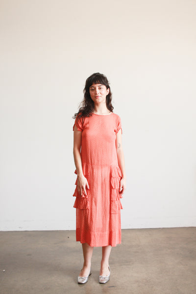 1920s Swiss Dot Persimmon Ruffled Dress