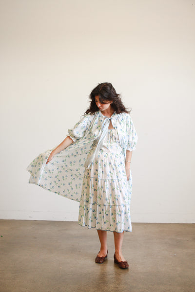 1950s White Seersucker Floral Print Dress Set