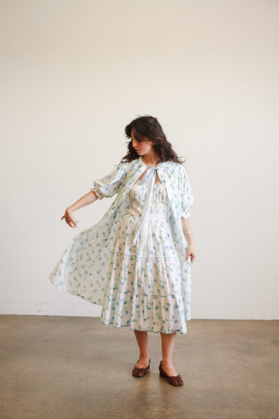 1950s White Seersucker Floral Print Dress Set