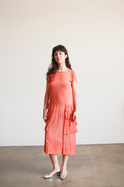 1920s Swiss Dot Persimmon Ruffled Dress