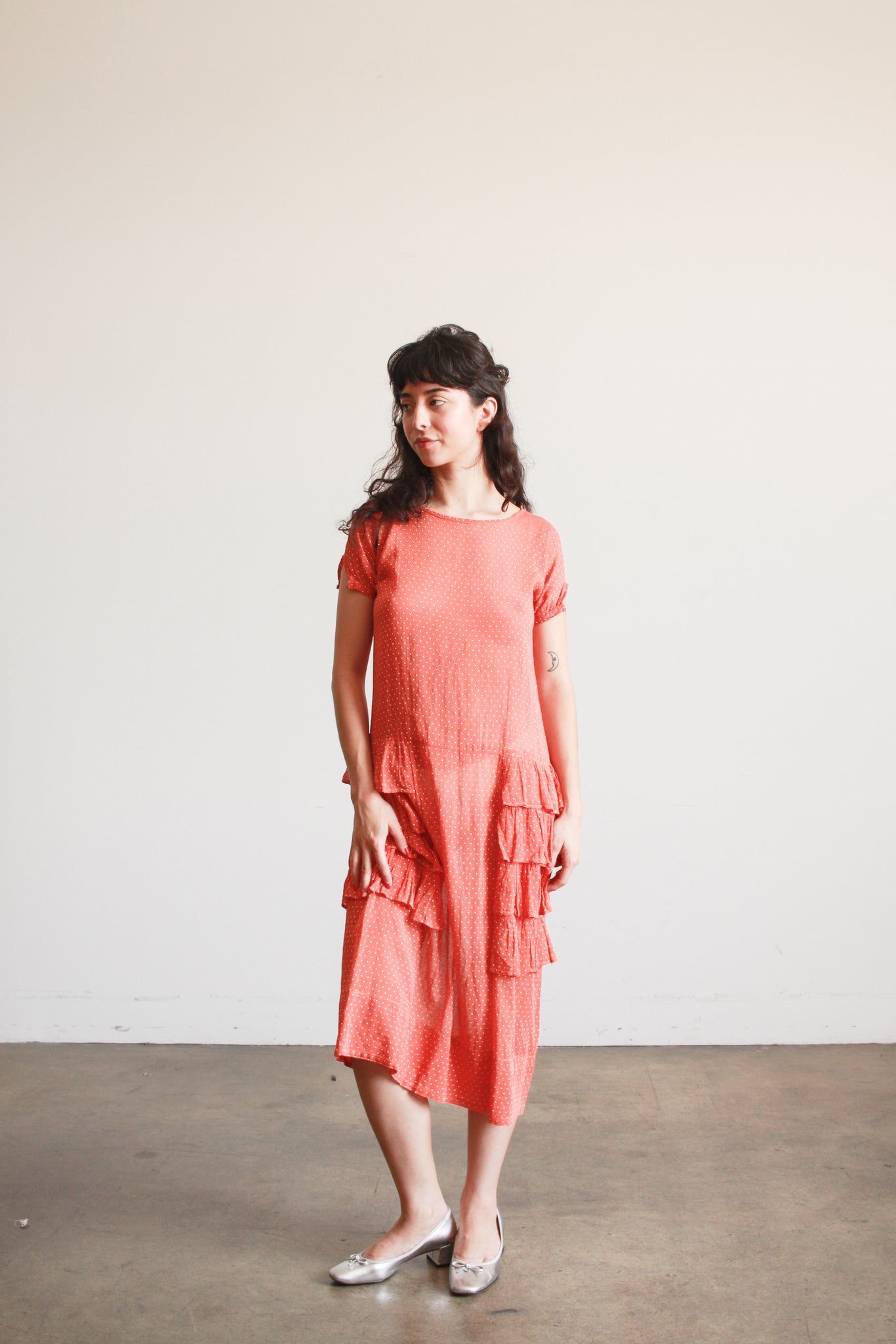 1920s Swiss Dot Persimmon Ruffled Dress