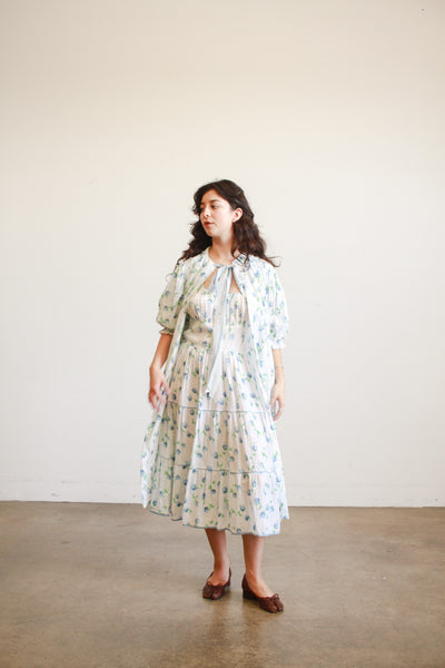 1950s White Seersucker Floral Print Dress Set