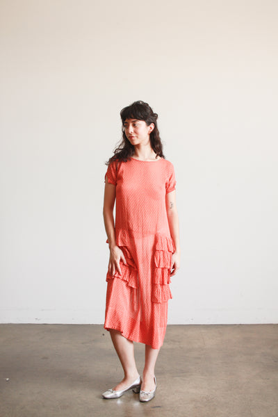 1920s Swiss Dot Persimmon Ruffled Dress