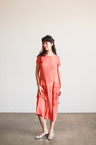 1920s Swiss Dot Persimmon Ruffled Dress