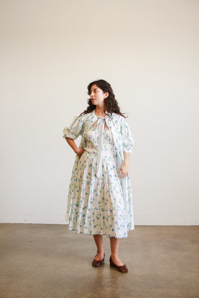 1950s White Seersucker Floral Print Dress Set