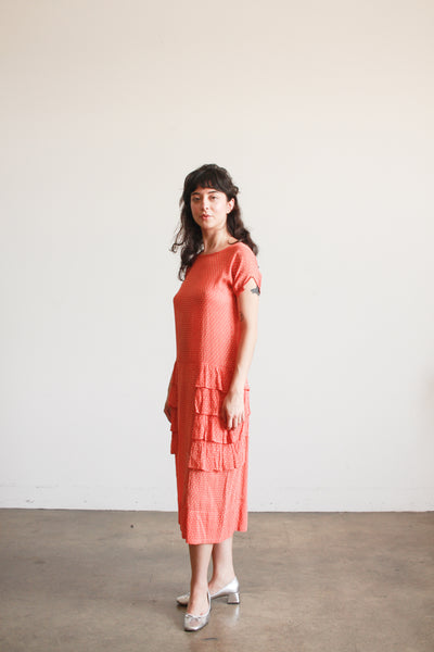 1920s Swiss Dot Persimmon Ruffled Dress