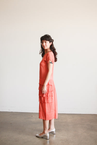 1920s Swiss Dot Persimmon Ruffled Dress